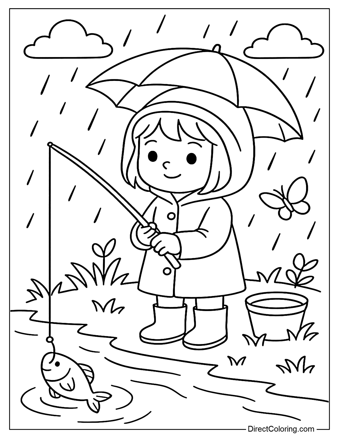 Coloring page of a girl holding an umbrella fishing in light rain, with a raincoat and puddles.